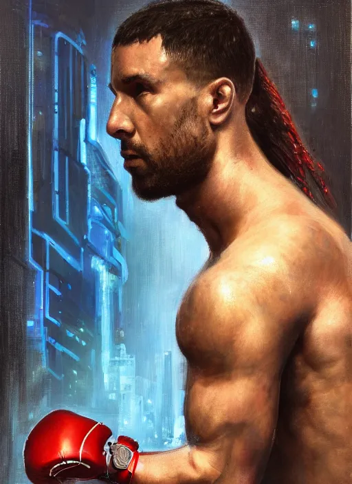 Prompt: buff cyberpunk olympic boxer with robotic arms and cybernetic eyepiece wearing a jumpsuit ( blade runner 2 0 4 9, cyberpunk 2 0 7 7 ). orientalist portrait by john william waterhouse and james gurney and theodore ralli and nasreddine dinet, oil on canvas. cinematic, hyper realism, realistic proportions, dramatic lighting, high detail 4 k