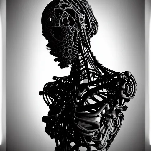 Prompt: black and white photographic foggy portrait, biomechanical beautiful young female priestess - robot bust, body ribs meshes,, volumetric light, rim light, by dora maar and cecile beaton, big gothic fashion pearl embroidered collar, 8 k