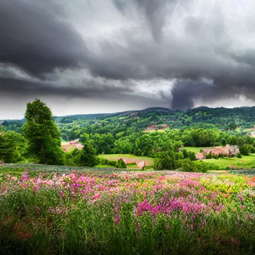 Prompt: dordogne typical landscape, hills in the background, summer, river, ultra detailed, ultra sharp, award winning. 8 k, flowers, trees, old house, thunderstorm and rain, very dark clouds. heavy rain, me in foreground, octane render.