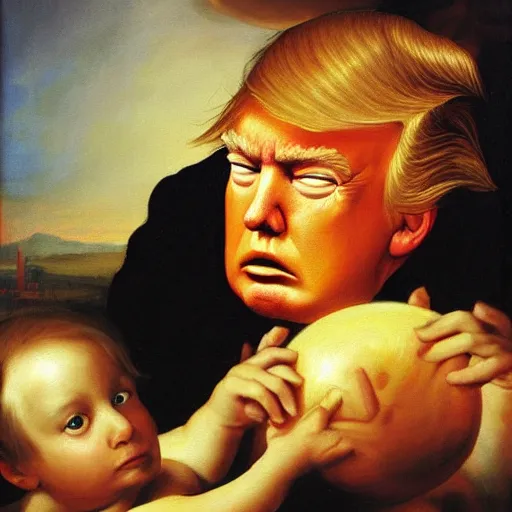 Prompt: a painting of a gigantic Donald Trump eating a boy like Saturn Devouring His Son, 2d, ultra highly detailed, rococo painting, smooth, sharp focus, artstation, pixiv, art by Francisco Goya