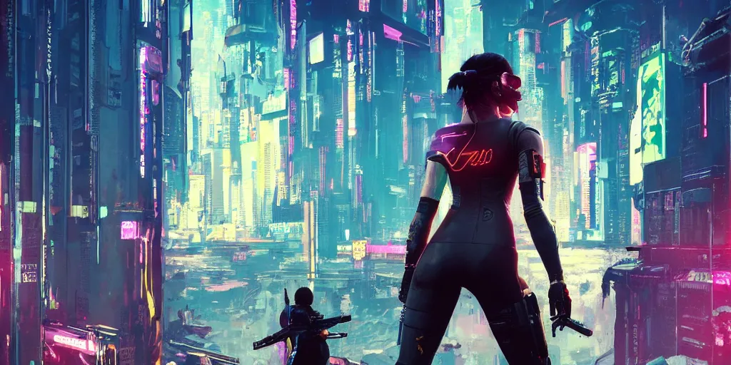 Prompt: girl in the cyberpunk 2 0 7 7 suit, spaceport, interplanetary, cinematic keyframe. by ashley wood, yoji shinkawa, jamie hewlett, 6 0's french movie poster, french impressionism, vivid colors, palette knife and brush strokes high energy, cinematic 8 k