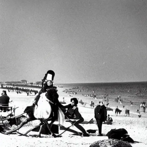 Image similar to Napoleon visiting the beach in bikini, historical black and white picture