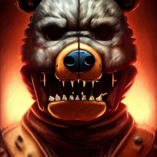 Prompt: commission of freddy fazbear,realistic,hyperdetailed,photorealistic,detailed face,art by greg rutkowski,trevor henderson,ross tran,artstation,deviantart,4k,western comic style,sharp lineart,professional lighting,professional shading,eerie,scary atmosphere