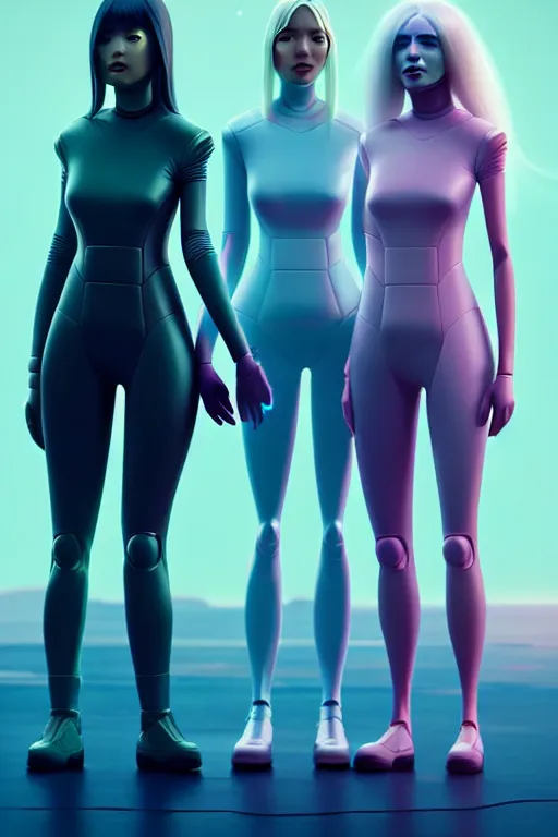 Image similar to family android women, artgem, scifi, futuristic design, bae suzy, long white hair, full body character design, cinematic lighting, highly detailed, by beeple, goro fujita, smooth gradient.