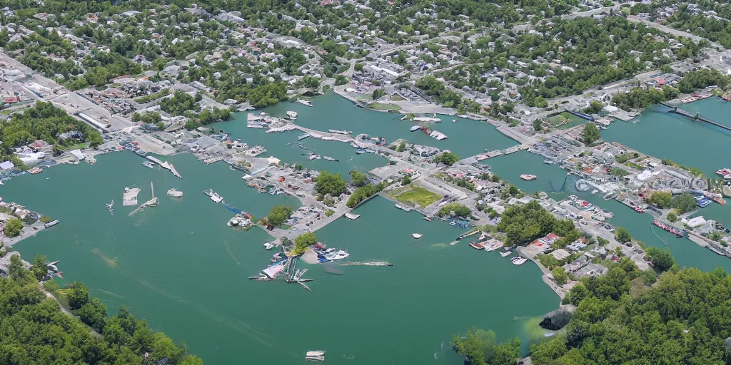 Image similar to bird's eye view of a city, trailer park, a road, bridge, and lagoon with docking area.