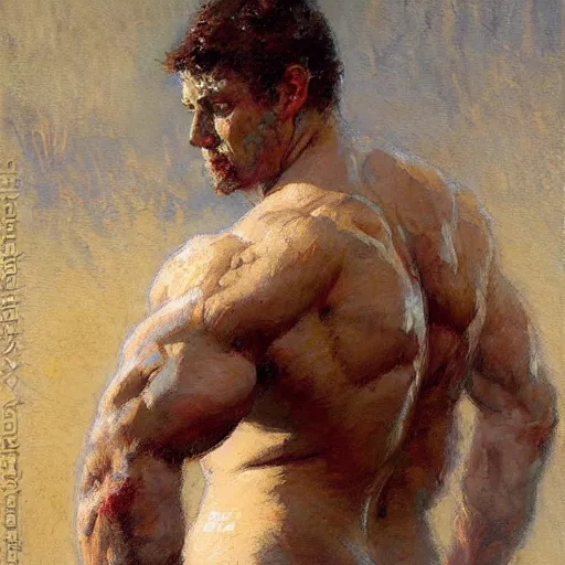 Prompt: a man with an shredded, toned, inverted triangle body type, painting by Gaston Bussiere, Craig Mullins