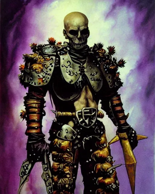 Image similar to portrait of a skinny punk goth wilford brimley wearing armor by simon bisley, john blance, frank frazetta, fantasy, thief warrior, colorful flowers floral