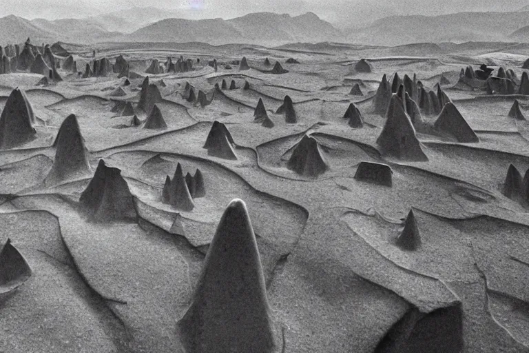 Image similar to landscape hills made of liquid melted wax paper and white brutalist desert gothic cathedral