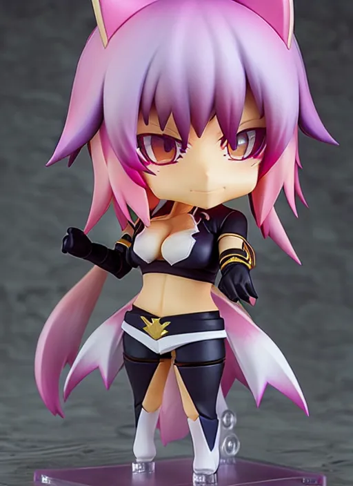 Image similar to chic kda ahri from league of legends nendoroid full body hyperdetalied, hero action pose, osamu tezuka, macoto takahashi, chibi, q posket, 8 k realistic, 3 d, cryengine, exquisite, charming smile, shape focus, symmetrical face, artstation, frostbite 3 engine, cryengine