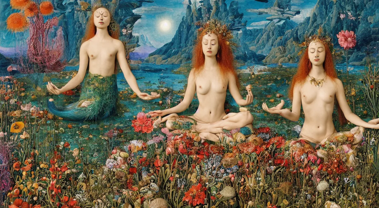 Image similar to a meditating druid mermaid surrounded by flowers. her skin is covered in scales and feathers. landscape with mountains, river and burning stars. painted by jan van eyck, max ernst and ernst haeckel, trending on artstation, 8 k, award winning, hard lighting, fashion editorial, mythology, photorealistic, ernst fuchs
