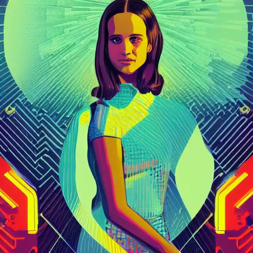 Image similar to ( ( dither ) ), editorial illustration portrait of alicia vikander in a spacestation interior, dynamic pose, modern art deco, colorful, ( ( mads berg ) ), christopher balaskas, victo ngai, rich grainy texture, detailed, dynamic composition, wide angle, matte print, alphonse mucha, ( ( glitch art pixel sorting ) )