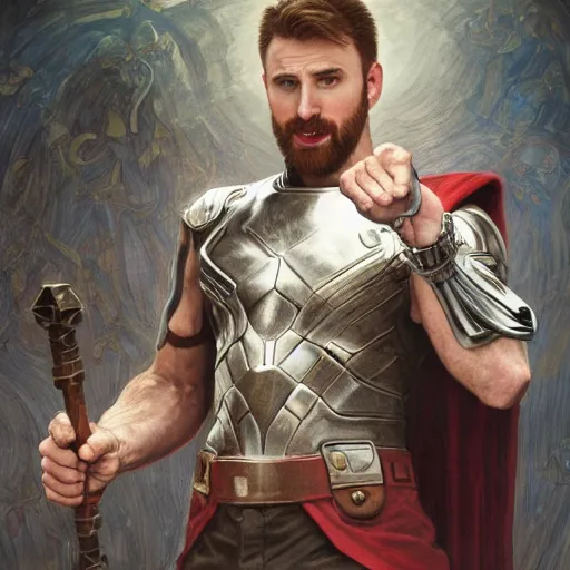 Prompt: Chris Evans wielding mjolnir, highly detailed, digital painting, artstation, concept art, smooth, sharp focus, illustration, ArtStation, art by artgerm and greg rutkowski and alphonse mucha and J. C. Leyendecker and Edmund Blair Leighton and Katsuhiro Otomo and Geof Darrow and Phil hale and Ashley wood and Ilya repin and Charlie Bowater