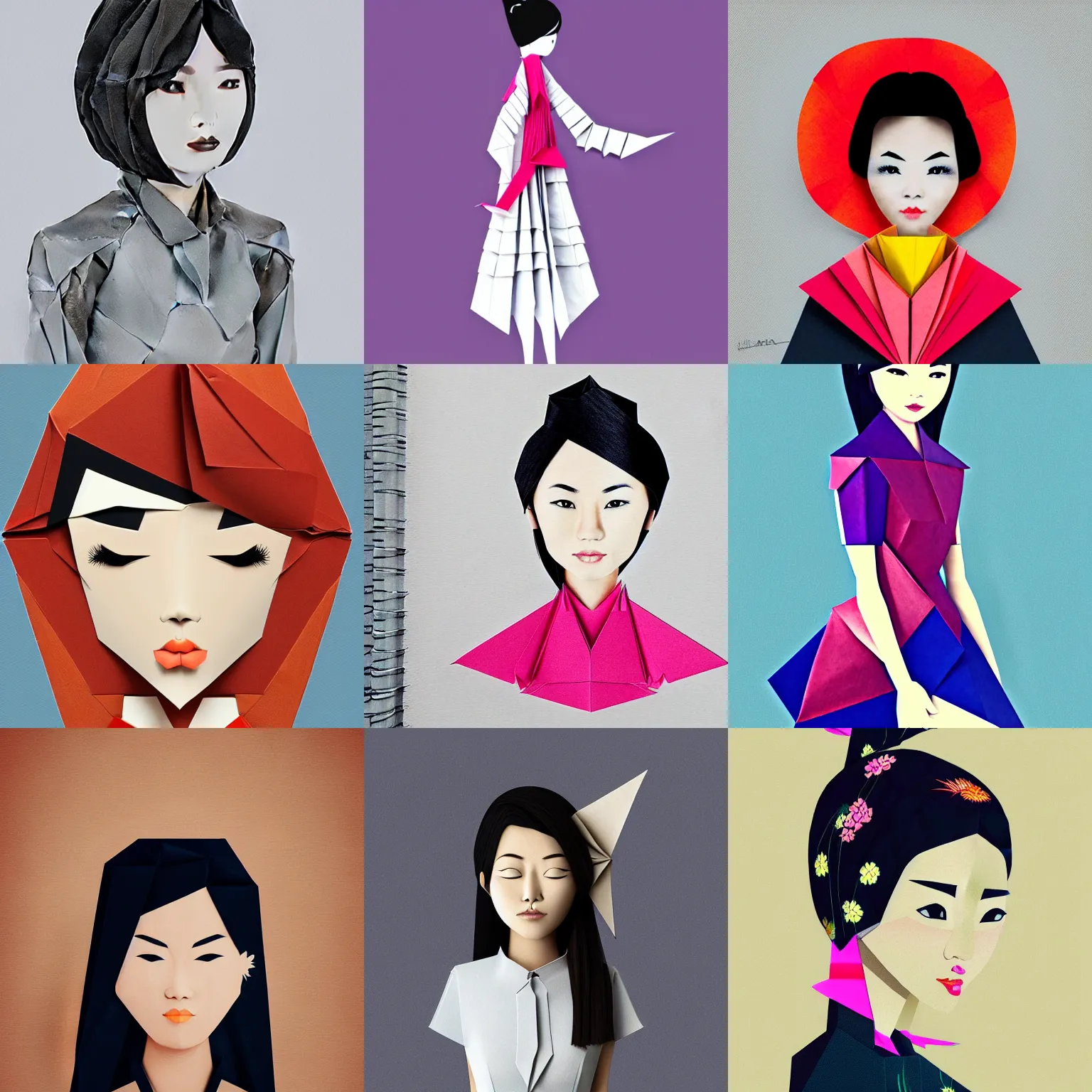 Prompt: asian woman made from origami, illustration, concept art