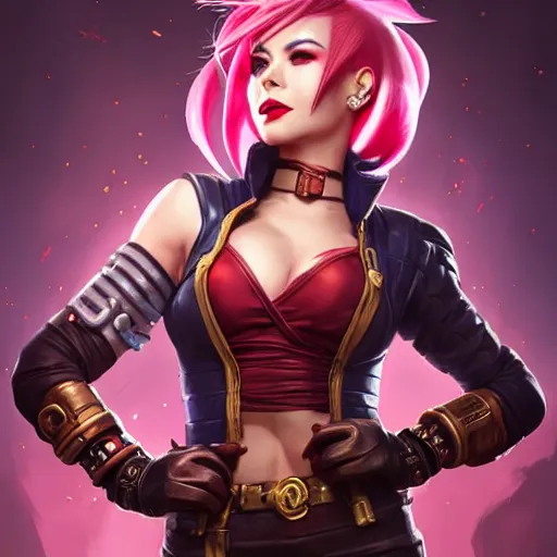 Image similar to portrait of Vi from League of Legends, by Fortiche Studio, from Netflix's Arcane, trending on artstation,fine details, realistic shaded, fine-face, Steampunk city on the background, red hair, steampunk metal boxing gloves on hands, painted texture, pretty face,by Artgerm