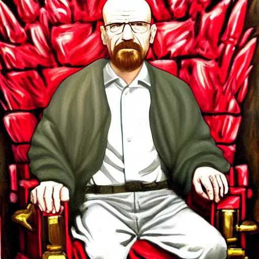 Prompt: A painting of Walter White sitting on the iron throne, britsh royal portrait