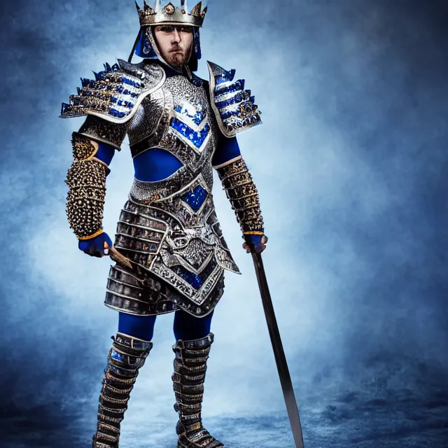 Image similar to full body photo of a beautiful cute strong warrior king wearing sapphire encrusted armour, highly detailed, 8 k, hdr, smooth, sharp focus, high resolution, award - winning photo