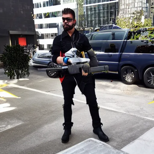 Prompt: adam jensen working for glovo, hyperrealistic