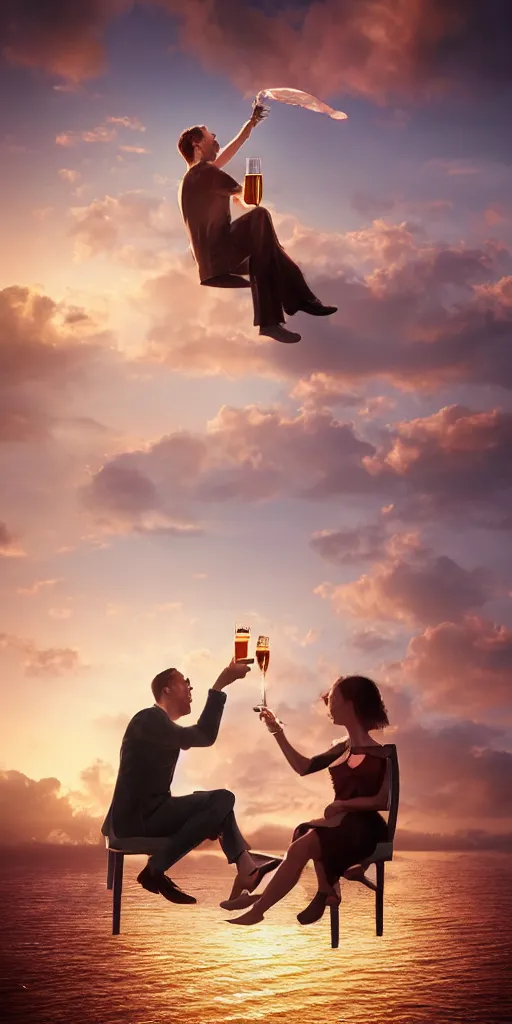 Prompt: a man and a woman floating on a cloud having a drink of Champaign high in the sky above Sint-Marteen and , naive artstation, matte painting, goldenhour, unreal engine