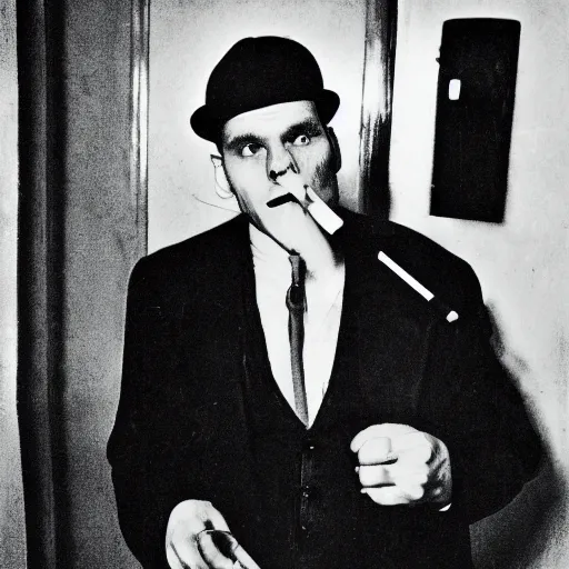 Image similar to portrait of jerma 9 8 5 as a private investigator, noir style, 1 9 4 0's, film photograph, high detail, smoking a cigarette, grainy