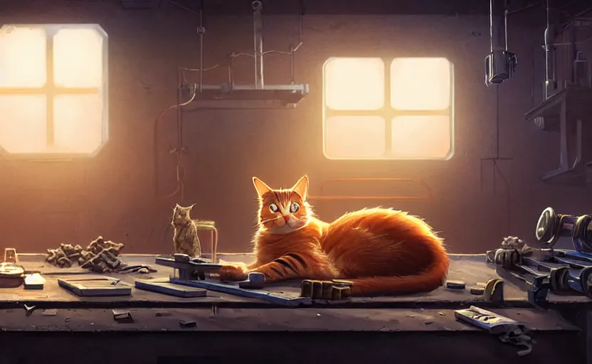 Prompt: a cat sleeping on a mechanics workbench in a spaceport, space opera and dystopian style, d & d, fantasy concept art, global illumination, interesting composition, volumetric lighting, art by enki bilial, highly detailed