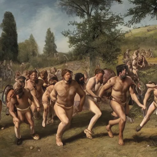 Prompt: a group of neanderthals with very little clothing running towards a roman legion.