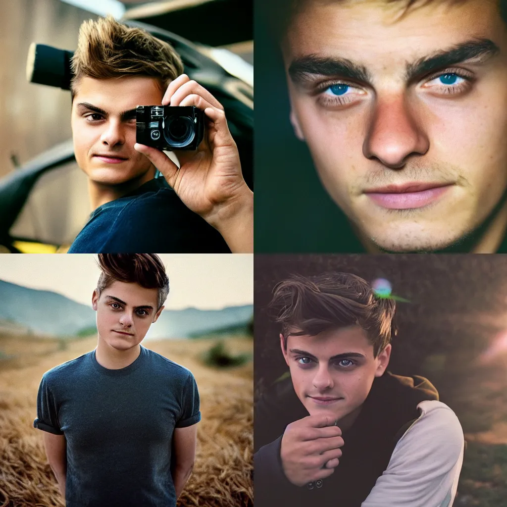 Prompt: A Hyper realistic and detailed portrait photography by Annie Leibovitz of Martin Garrix. Agfa Vista 400 film. Detailed. Depth of field. lens flare. moody. cinematic. warm light. realistic. expired film.