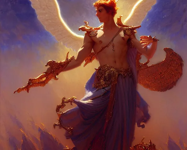 Image similar to attractive angel male deity, casting magic, summoning handsome lucifer morning star. highly detailed painting by gaston bussiere, craig mullins, j. c. leyendecker 8 k