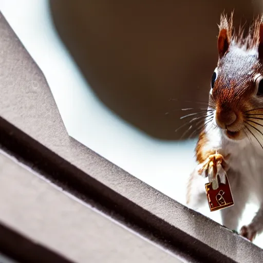 Image similar to film still, gangster squirrel counting his money, low angle, shot from below, worms eye view, low angle!!!!