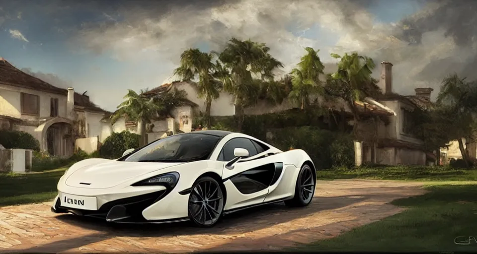 Image similar to mclaren in villa, front sea,digital art,ultra realistic,ultra detailed, ultra wide Lens, art by greg rutkowski