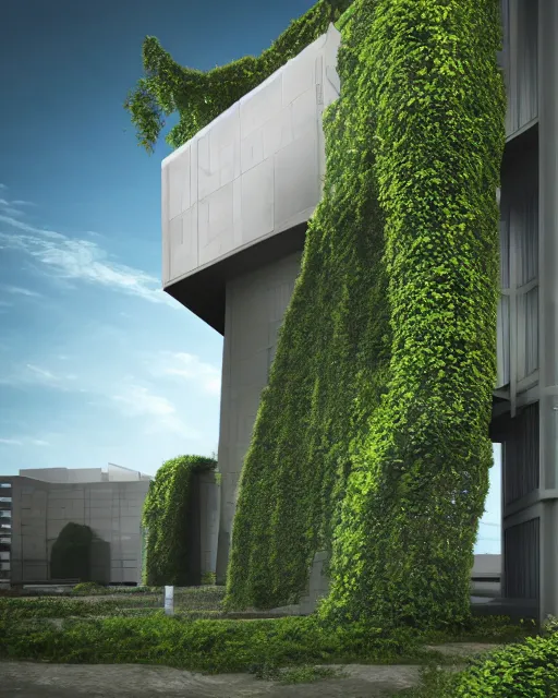 Image similar to a beautiful 3d renderings of buildings, architecture by Morphosis Architect. nature meets architecuture. vines and plants green landscape, Architectural photography, 14mm, cinematic photography, high resolution 4k, cg architects, vray, dramatic sky, cinematic lighting, wide angle, award winning,
