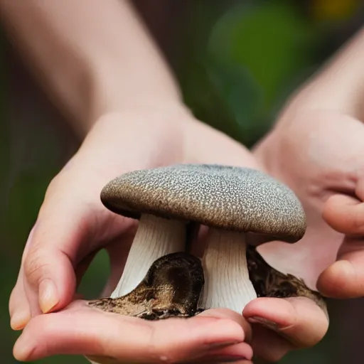 Image similar to hands holding a mushroom with slug texure