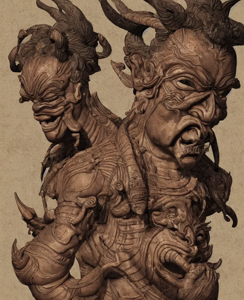 Prompt: ancient japanese, oni goddess statue, painted, bust portrait body, kamakura period, hyper realistic, texture details, high fidelity, like arsen asyrankulov, intricate, highly detailed, digital painting, artstation, concept art, smooth, sharp focus, illustration, art by artgerm and tian zi and alphonse mucha and greg rutkowski,