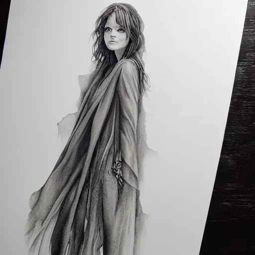 Image similar to hyper realistic pencil drawing of emma stone full body portrait, water color, as an eldritch princess, cloak, fantasy, dark, stunning, detail, sharp