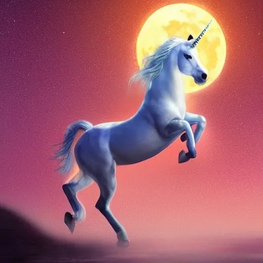 Prompt: a unicorn dancing under a crescent moon. Digital art, high detail, hyper realistic, digital illustration, trending on artstation