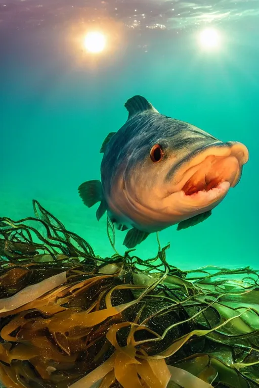 Prompt: beautiful photo of an atlantic cod swimming amongst kelp underwater in clear water sunset moody lighting