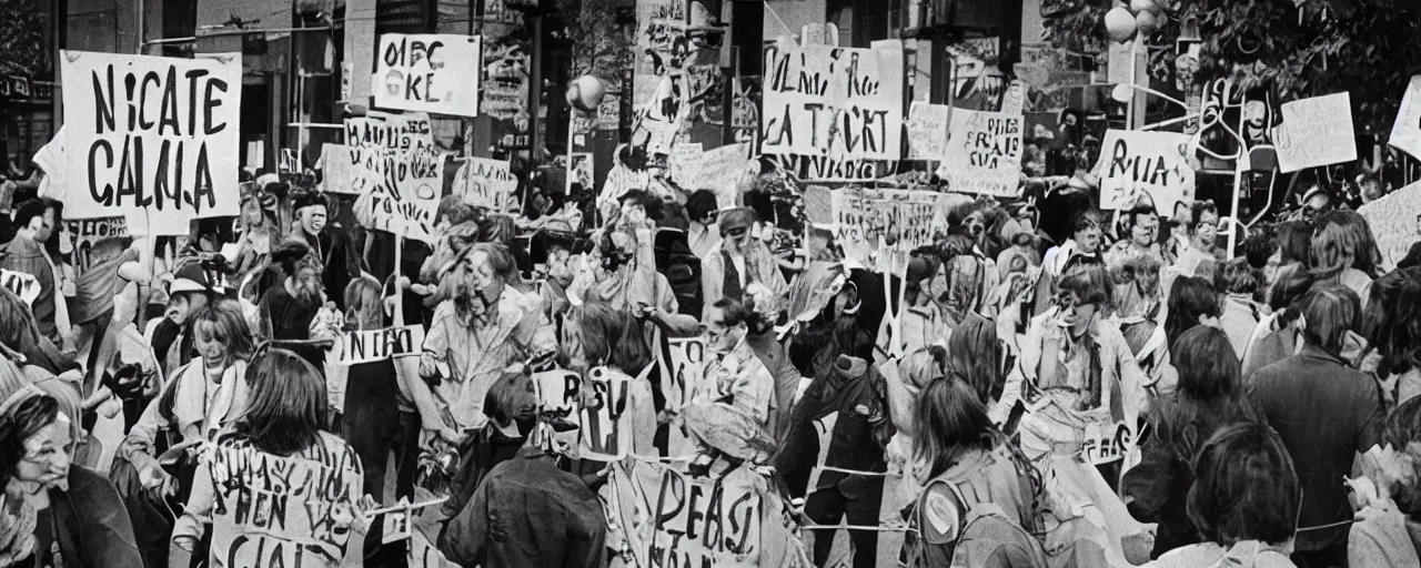 Image similar to hippies protesting with spaghetti signs, 1 9 6 0's,, high detail, canon 5 0 mm, cinematic lighting, photography, retro, film, kodachrome