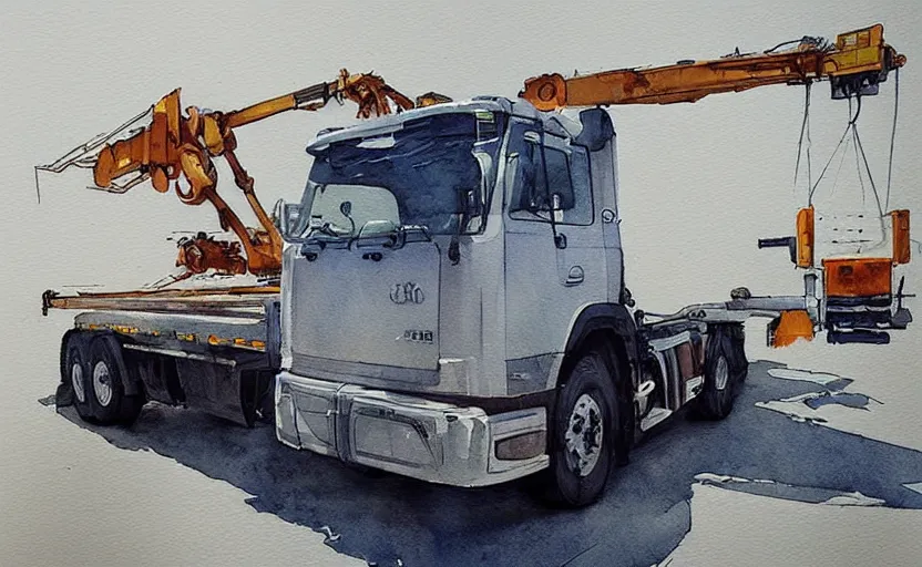 Image similar to concept art of a crane truck, pinterest, artstation trending, behance, watercolor, by coby whitmore, silver, laser light,