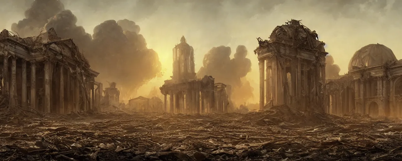 Image similar to A beautiful hyper realistic detailed matte painting of the destroyed Capitolium after nuclear bomb | post-apocalyptic landscape at early sunrise | a lot of debris and burned bushes and trees | by John Howe and Andreas Rocha and Martin Johnson Heade and Albert Bierstadt, Fallout style | unreal engine, trending on artstation, golden ratio, rectilinear