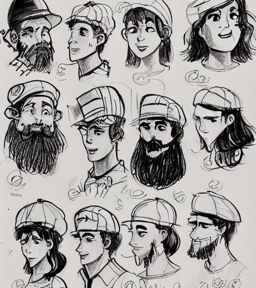 Prompt: full page scan of many character design sketches. young man, young mother, man with beard. Everyone has pale grey eyes. sailor caps, German, tapa, simple clothing. in the style of Jillian Tamaki and Richard Corben. costume designs, pleasant faces, nature colors