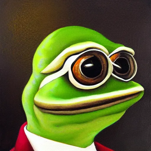 Image similar to fancy pepe the frog, historical portrait painting, oil painting, highly detailed and intricate