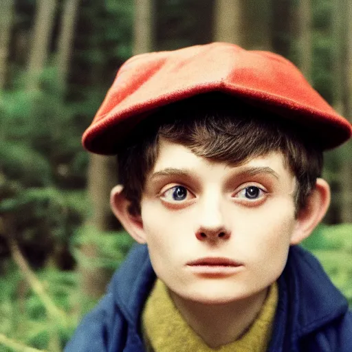 Image similar to super close up portrait of wirt from over the garden wall. a 1 6 years old gloomy awkward boy with big brown eyes and shaggy brown hair wearing a red dunce hat and a blue navy cape, standing in the forest, kodachrome photograph, 1 9 9 5, 4 k, canon, flash photography, norman rockwell, bouguereau