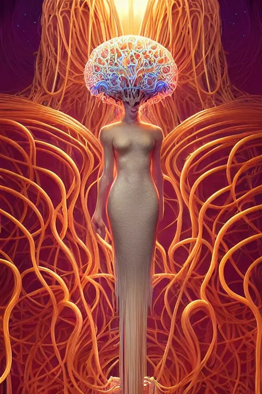 Image similar to beautiful spaghetti jellyfish warrior, ethereal art deco, fantasy, intricate art deco pasta designs, elegant, highly detailed fractals, sharp focus, art by artgerm and beeple and greg rutkowski and wlop