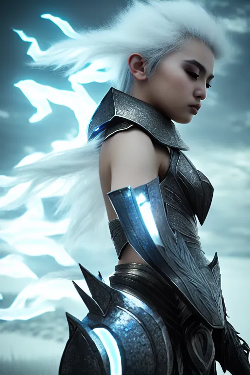 Image similar to sakimi chan, fantasy armor, detailed face, white skin, dramatic lighting, edward robert hughes, unreal engine, wind, lightning