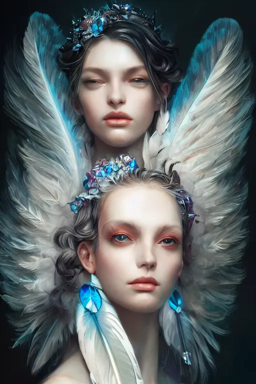 Image similar to beautiful model wearing icel white feathers, diamonds, jewelry, angel, fantasy, dramatic lighting, highly detailed, digital painting, holding electricity, magic the gathering, hyper detailed, 3 d render, hyper realistic detailed portrait, peter mohrbacher, wlop, ruan jia