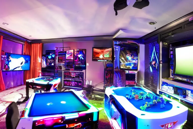 Prompt: a photo of a large, luxury gaming room with all the best in gaming gear. vr headsets, expensive computers, curved monitors. gaming chairs, disco balls. soda fridge. lots of candy and chips. large flatscreen tvs. youtube trophy. highly detailed.
