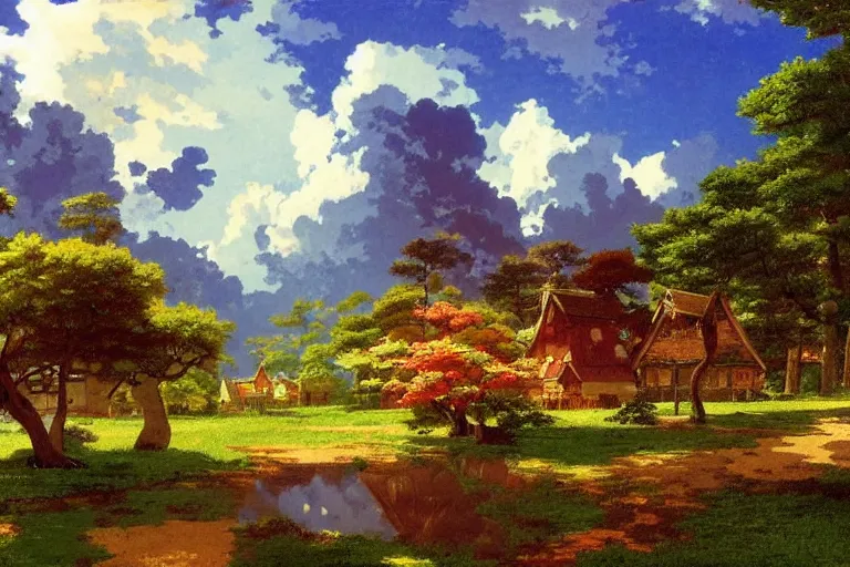 Image similar to peaceful village landscape, studio ghibli, anime background, lively colors, art by albert bierstadt