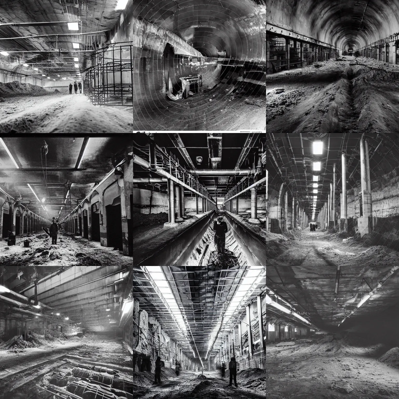 Prompt: massive complex underground facility factory huge interior enormous factory gloomy high contrast gas masked men shoveling coal