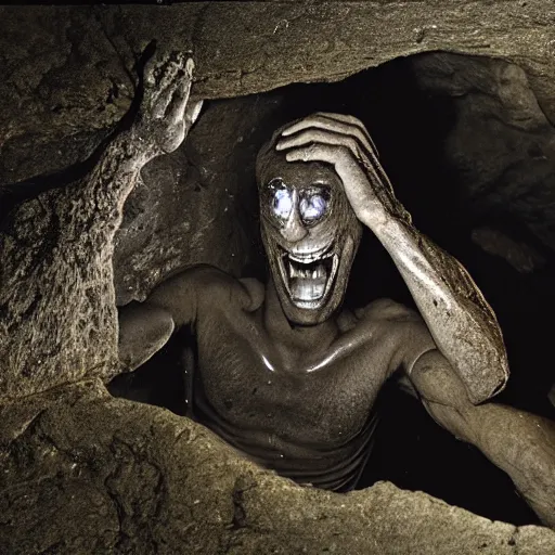 Prompt: photo inside a cavern of a wet reptilian humanoid partially hidden behind a rock, with black eyes, open mouth and big teeth