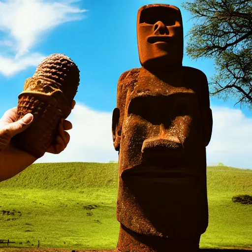 Image similar to a man holding an ice cream cone with a moai 🗿 in it, 4 k photograph