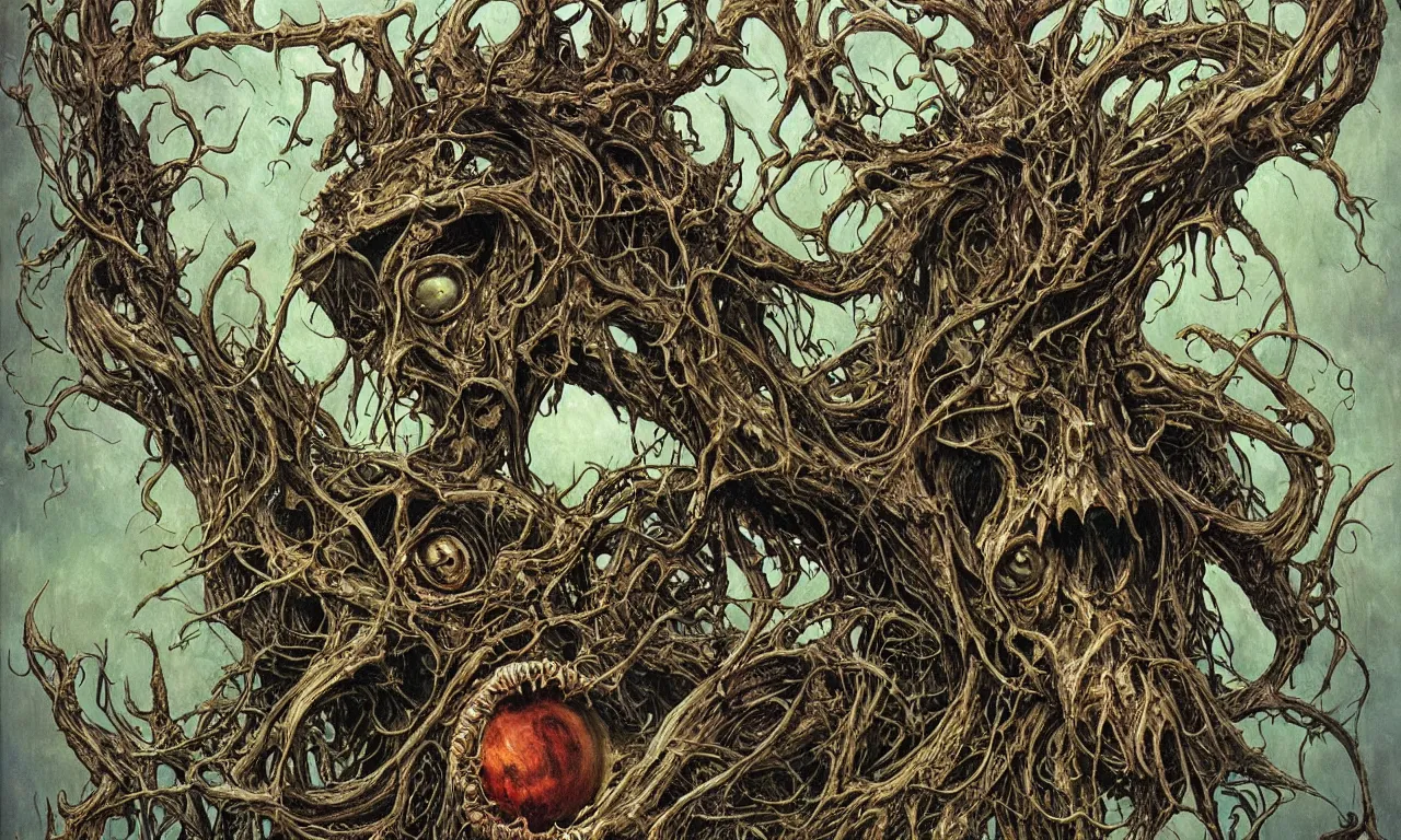 Image similar to hyperdetailed art nouveau portrait of treebeard as a cthulhu eyeball skull dragon monster, by micheal whelan, simon bisley and bill sienkiewicz, grim yet sparkling atmosphere, photorealism, claws, skeleton, antlers, fangs, forest, wild, crazy, horror, lynn varley, lovern kindzierski, steve oliff